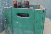 Vintage wood box, Portugal with 8 bottles with content, for display only
