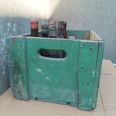 Vintage wood box, Portugal with 8 bottles with content, for display only