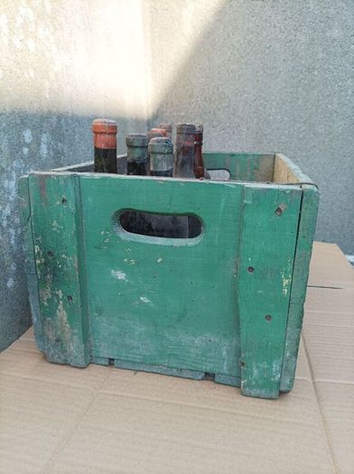 Vintage wood box, Portugal with 8 bottles with content, for display only
