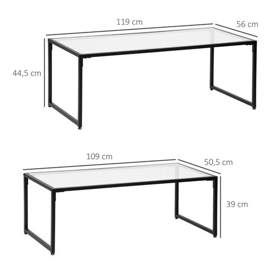 Set of 2 Coffee Tables, Glass Tables, with Powder-Coated Steel, Black + Transparent