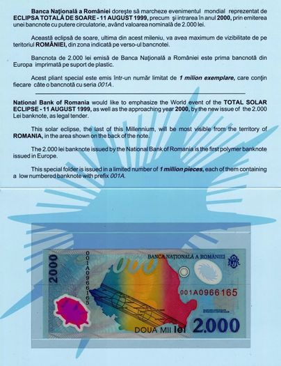 1999 Romania 2000 Lei Polymer Banknote P111b Solar Eclipse Polymer Folder