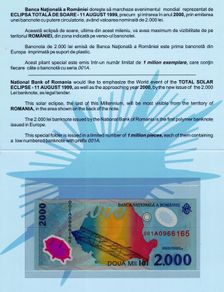 1999 Romania 2000 Lei Polymer Banknote P111b Solar Eclipse Polymer Folder