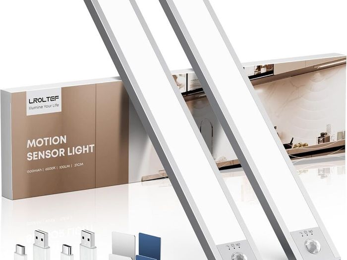Under Cabinet Kitchen Lights Motion Sensor Dimmable 21cm 1500mAh 6500K LED Under Counter USB-C Rechargeable Wardrobe Sensor Indoor Night Lights for Kitchen Shelf Stairs Closet 2 Pack