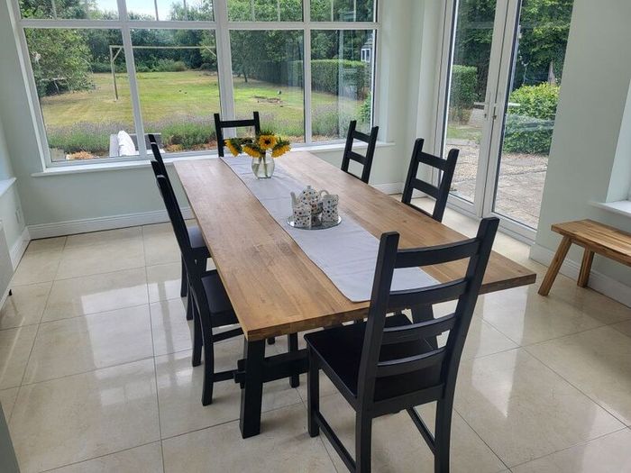 Ikea Skogsta Dining table, 6 chairs and bench