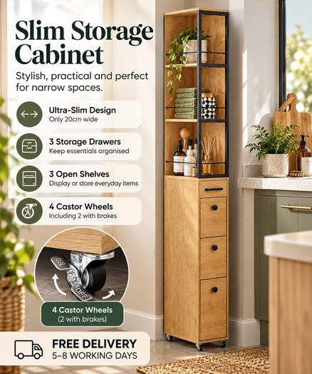 Slim Storage Cabinet with 3 Drawers and Wheels  20cm Narrow Kitchen & Bathroom Storage Unit