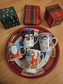 Assorted Mugs and 2 Large Plastic Plates