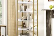 Bookcase 5 Tiers, Floor Standing Book Shelf, Wooden Shelf and Stable Steel Frame Shelving Units with 4 Hooks Industrial Storage Shelf for Living Room, Home Office, Gold Bookshelf