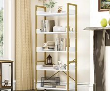 Bookcase 5 Tiers, Floor Standing Book Shelf, Wooden Shelf and Stable Steel Frame Shelving Units with 4 Hooks Industrial Storage Shelf for Living Room, Home Office, Gold Bookshelf