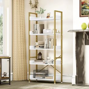 Bookcase 5 Tiers, Floor Standing Book Shelf, Wooden Shelf and Stable Steel Frame Shelving Units with 4 Hooks Industrial Storage Shelf for Living Room, Home Office, Gold Bookshelf