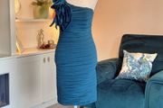 Pink Boom Paris Teal One-shoulder Dress with a Draped Flower Detail