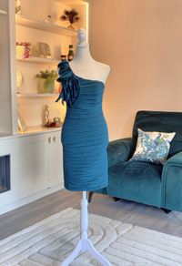 Pink Boom Paris Teal One-shoulder Dress with a Draped Flower Detail