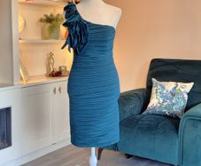 Pink Boom Paris Teal One-shoulder Dress with a Draped Flower Detail
