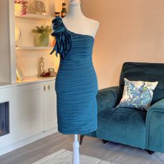Pink Boom Paris Teal One-shoulder Dress with a Draped Flower Detail