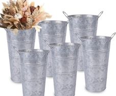 Galvanized Metal Vases with Handles Silver, Indoor/Outdoor, Rustic Metal Bucket Planters for Flowers, Wedding Decor