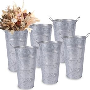 Galvanized Metal Vases with Handles Silver, Indoor/Outdoor, Rustic Metal Bucket Planters for Flowers, Wedding Decor