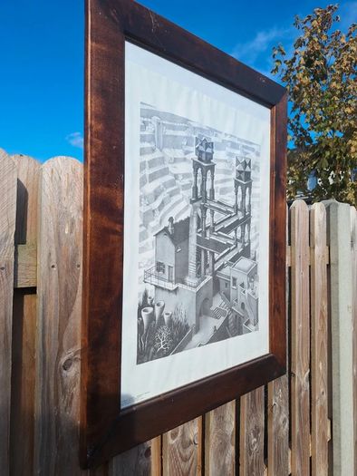 Large Framed M.C. Escher "Waterfall" Vintage Print  Custom Artisan Wood Frame (63.5cm x 83.4cm)