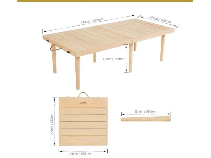 Picnic Table,Floor table, 3.6FT Portable Picnic Table with Detachable Rubber Wood Legs, Natural Pine Tabletop for Outdoor Garden, Beach & Family Gatherings