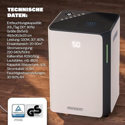 Electric Dehumidifier 20-30 m 20L/Day LED Display 24-Hour Timer Room Dehumidifier Bathroom Flat WiFi Smart Home App Air Purifier Allergy Sufferers