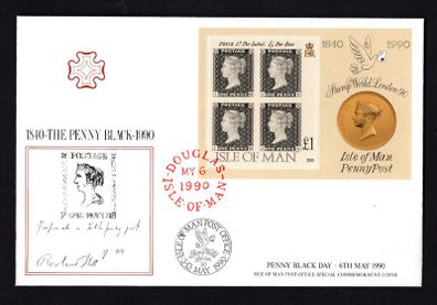 1990 Isle of Man 150th Anniversary of the Penny Black Stamp Miniature Sheet First Day Cover (FDC) for Penny Black Day 6th May 1990