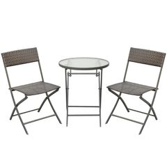 3 Piece Rattan Bistro Set, Patio Balcony Furniture with 2 Folding Rattan Chairs and Glass Coffee Table, for Garden, Balcony, Outdoor, Brown