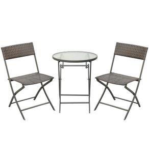 3 Piece Rattan Bistro Set, Patio Balcony Furniture with 2 Folding Rattan Chairs and Glass Coffee Table, for Garden, Balcony, Outdoor, Brown