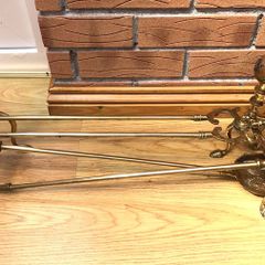 Brass and glass fire guard and companion set