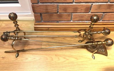 Brass and glass fire guard and companion set