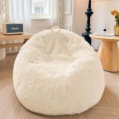 Fluffy Stuffed Animal Storage Bean Bag Chair Cover(No Filler), Faux Fur Washable Ultra Soft Bean Bag Cover for Plush Toys or Textile,Plush Shaggy Large Beanbag for Adults Kids Teens, Beige