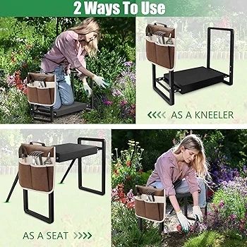 Foldable Garden Kneeling and Seat, Anti-Tipping Gardener Stool Widened Thick Soft Kneeling Pad, Heavy Duty Gardening Stool with Garden Tool Bag, Gardening Gift (Black)