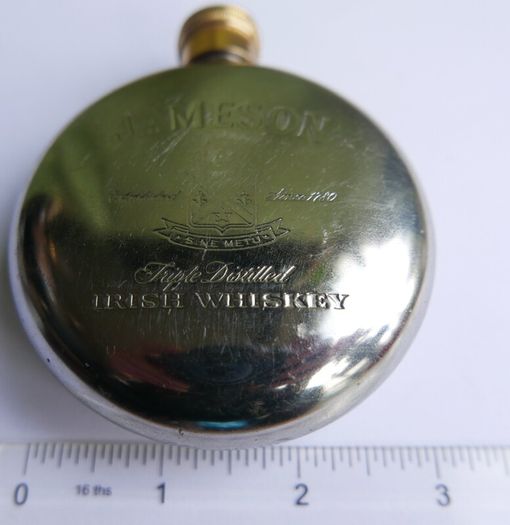 Vintage Jameson  Whiskey Hip Flask Round Flask, Pewter, brass- Screw Top