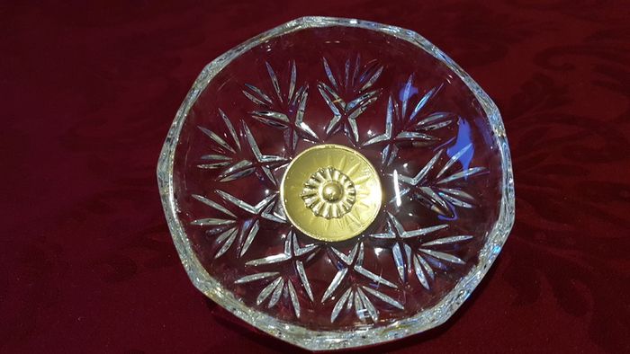 Killarney Crystal Cut Crystal Glass Congratulations On Your Wedding Lidded Jewelry Dish / Bowl With 22 Carat Gold Cover Handle and Footed Base Finishing Made In I