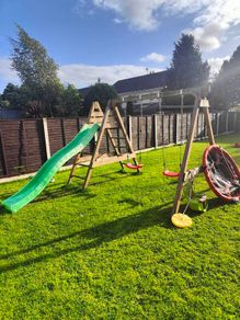 wooden swing set and slide