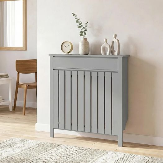 Radiator Cover with Drawer, Vertical Slatted Grill, Industrial MDF Wood Cabinet Shelf Heating Cover for Living Room, Bedroom, Hallway, Small, 88.5 x 19 x 93cm, Grey