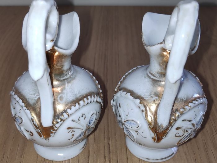 3 antique jugs white with leaves relief & gilt accents