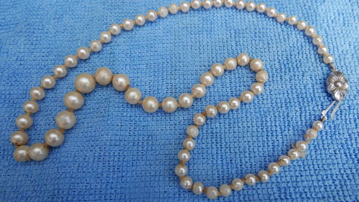 Vintage 60's Long Hand Knotted Faux Cream Pearl? Necklace Sterling Silver 925 Clasp
