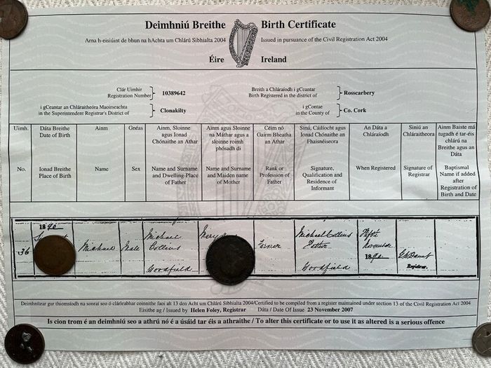 Michael Collins - Irish Hero - Birth Certificate - FREE POSTAGE