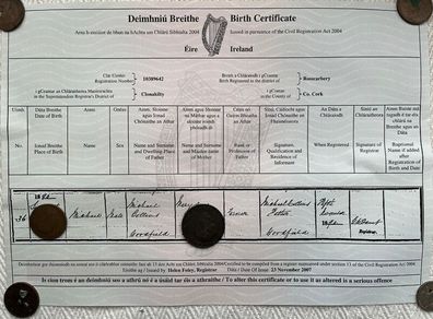 Michael Collins - Irish Hero - Birth Certificate - FREE POSTAGE