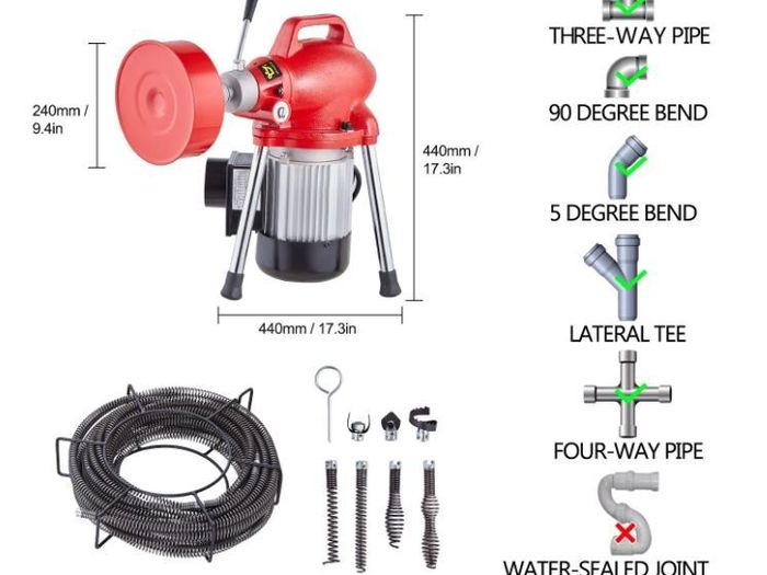 Drain Cleaner Machine Electric Sewer Snake Auger Manual Feed with 2 Sectional Steel Cables 250W