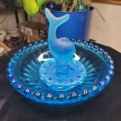 Art Deco Josef Inwald Poisson Volant Fish Centerpiece Set Blue Glass 1930s Rare