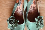 Sage Green Leather Rose Wedges