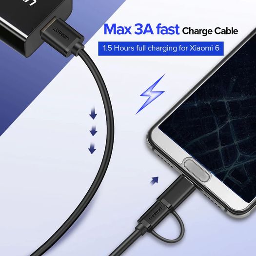 Ugreen 1M 2-in-1 (USB-C & Micro USB) QC 3.0 Fast Charger & Data Sync Gold Plated Cable (Brand New/Warranty)
