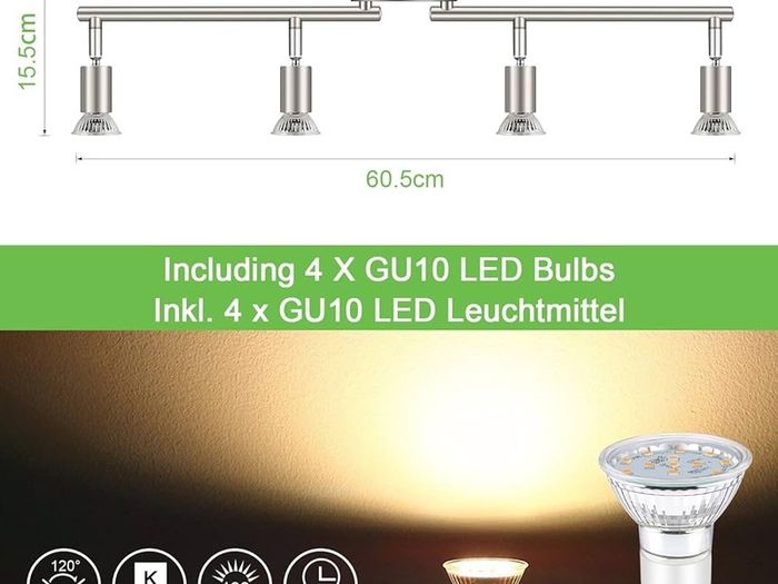 NEW SALE | LED Ceiling Light Rotatable, 4 Way LED Ceiling Spotlight, Matt Nickel & Swivelling Design, Including 4 X 4W GU10 LED Bulbs