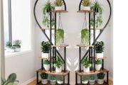 2x Half-Heart Plant Stand  Metal Flower Display Rack with Hooks  Holds up to 20 Pots