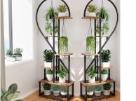main image for ad 2x Half-Heart Plant Stand  Metal Flower Display Rack with Hooks  Holds up to 20 Pots