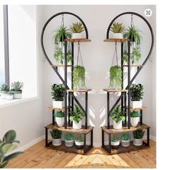2x Half-Heart Plant Stand  Metal Flower Display Rack with Hooks  Holds up to 20 Pots