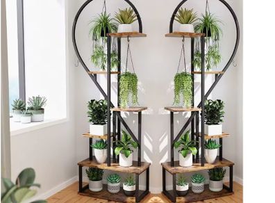 2x Half-Heart Plant Stand  Metal Flower Display Rack with Hooks  Holds up to 20 Pots