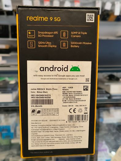 realme 9 5G (6.6") 128GB Dual Sim Unlocked to All Networks Black 50MP AI Triple Camera (New Open Box)
