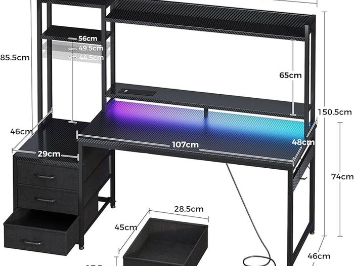 Gaming Desk with Drawers & Display Shelves, 138/48 cm Computer Desk with LED Lights & Sockets, Reversible PC Gaming Table with Monitor Stand, Carbon Fiber Black