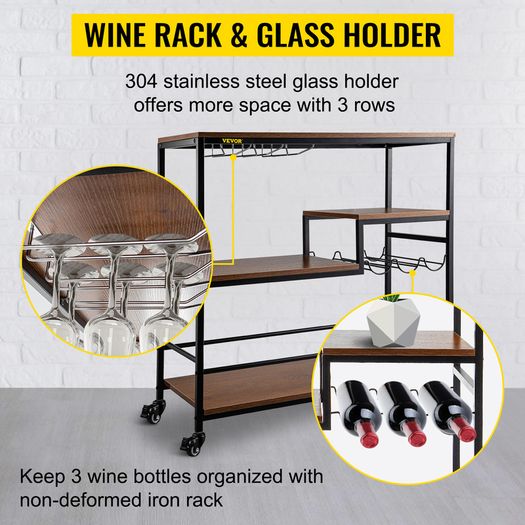 BRAND NEW 3-Tier Bar Wine Rack Serving Cart on Wheels Commercial Kitchen Food Truck Serving Buffet Sideboard Rack Glass Holder Home