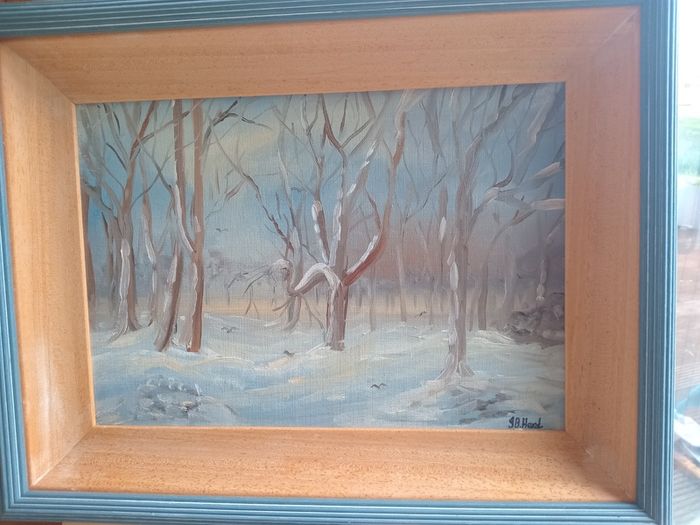 "Winter Snow Scene" Oil on Board.Signed JB.Hand